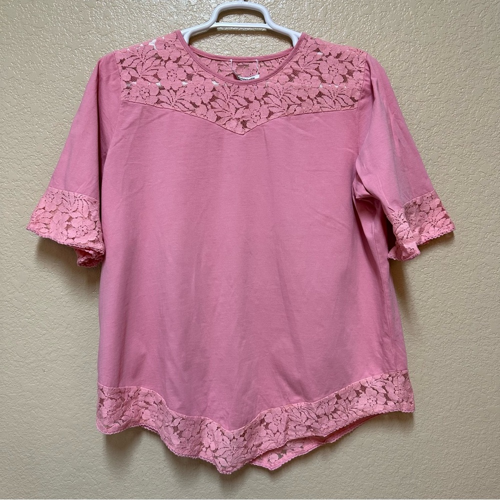 Serengeti Pink Lace Trimmed Cotton Blouse Shirt Size 1X